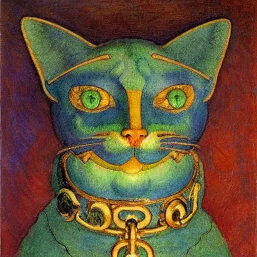 Image similar to masterpiece painting of a mechanical cloisonne cat head sculpture, by annie swynnerton and diego rivera and nicholas roerich and jean delville and janet fish, symbolist, dramatic lighting, god rays, art brut, rich colors, smooth, sharp focus, extremely detailed, adolf wolfli and ( donato giancola and bilibin )