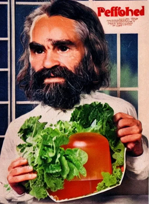 Prompt: vintage jello advertisement depicting charles manson holding a perfection salad