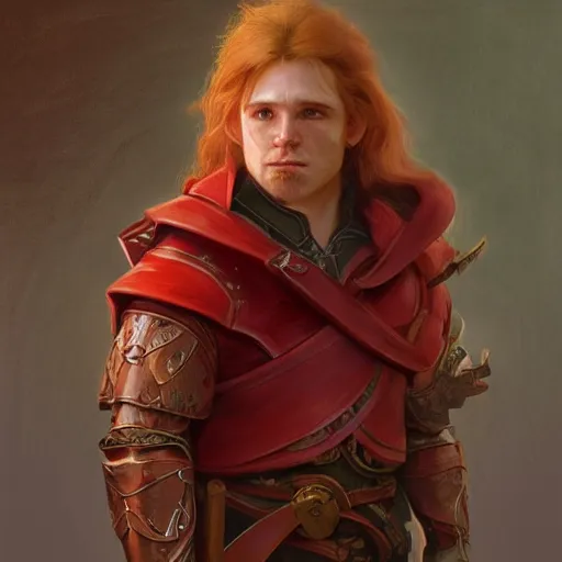 Image similar to portrait of a male halfling paladin with long straight ginger hair wearing a red coat, half body, fantasy, highly detailed, digital painting, artstation, concept art, character art, art by greg rutkowski and tyler jacobson and alphonse mucha