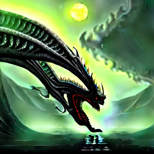 Prompt: an alien dragon, digital art, illustration, fantasy art, matte painting
