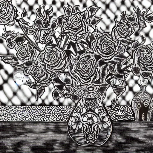 Prompt: a vase of black roses on a table with an ornate patterned tablecloth, in the style of audrey kawasaki, photorealistic, painted by wassily kandinsky and hr giger and georgia okeeffe, moody lighting, black and white illustration, sharp, detailed