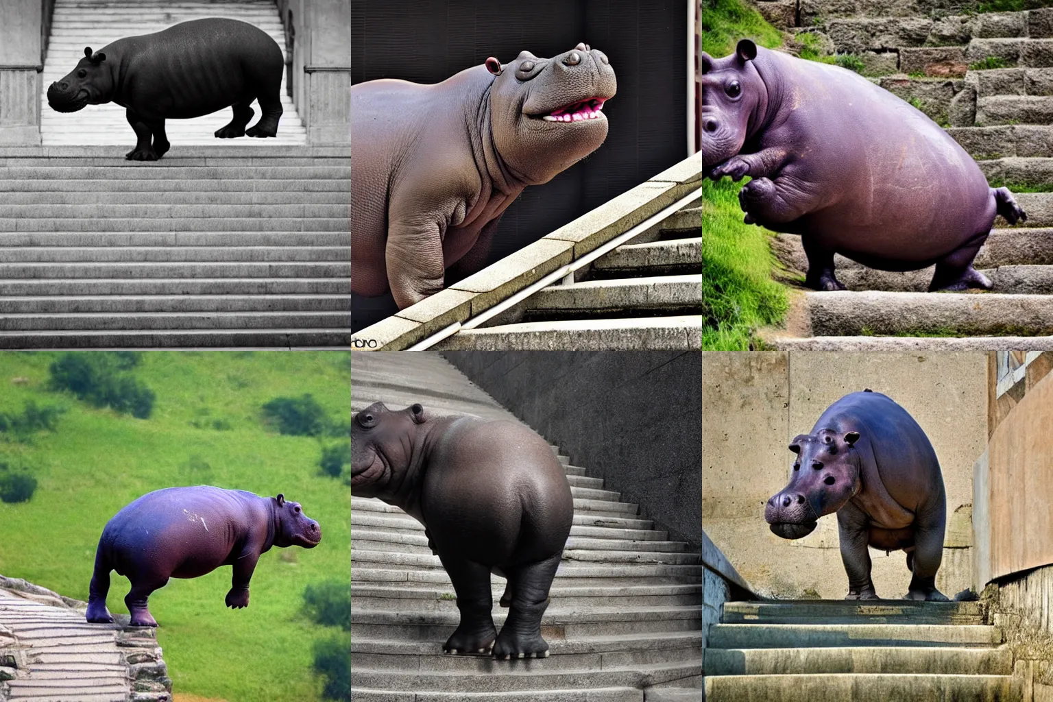 Prompt: a hippo climbing stairs, real photo, award winning, beautiful