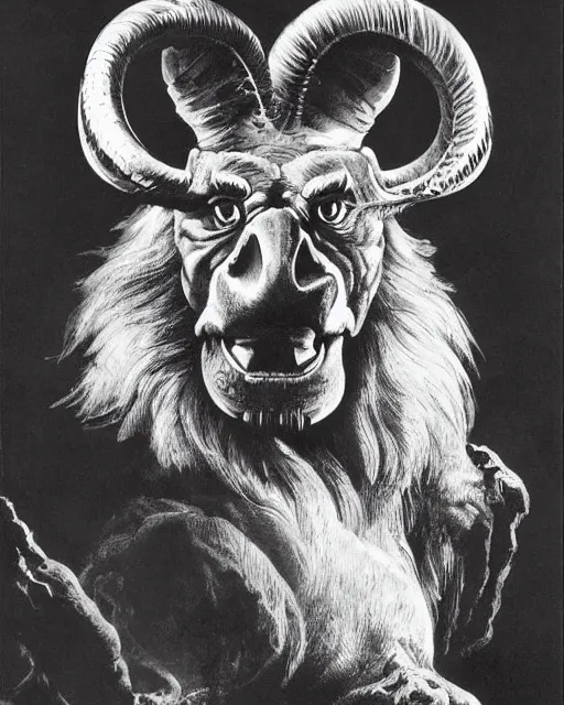 Image similar to a creature with the body and eyes of a man, beak of an eagle instead of a nose, the mane of a lion, two horns of an ox on the head. drawn by frank frazetta