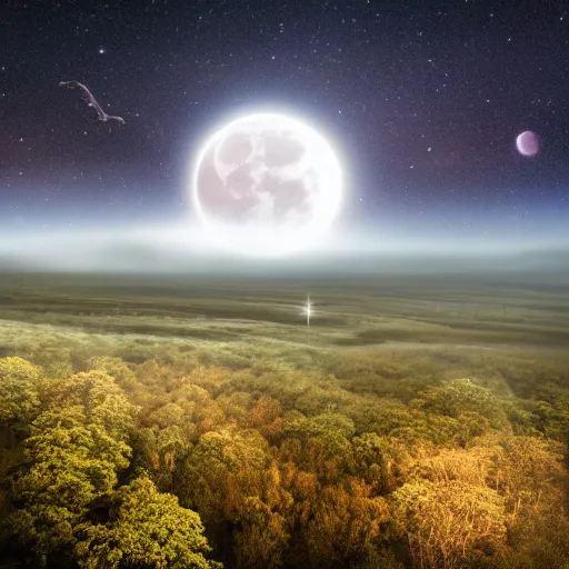 Prompt: david attenborough nature documentry footage, ultra high definition, 8 k, broad light, ambient occlusion, beautiful serene ethereal misty valley in between vast moorland and distant forests under a starry night sky with giant super moon, amethyst citrine opal, muted pastel tones
