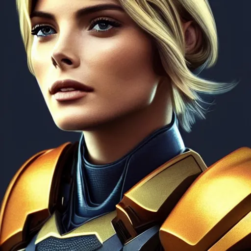 Prompt: A combination of Ashley Greene's and Adriana Dxim's and Grace Kelly's appearances with blonde hair wearing Forerunner armor from Halo, high tech, action shot, angular, full body portrait, futuristic, dramatic, fantasy, intricate, elegant, highly detailed, artstation, matte, sharp focus, 8K, art by Artgerm and Greg Rutkowski and Alphonse Mucha