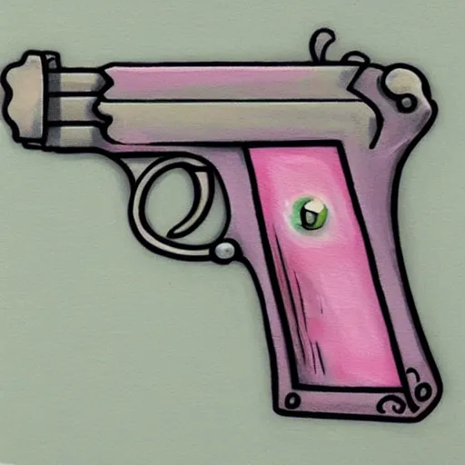 Image similar to lovecraftian pistol, light pink, Japanese style, cute, oil painting