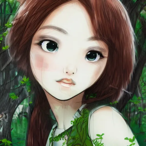 Prompt: detailed cute girl in a forest, style from aoshima chiho, detailed face