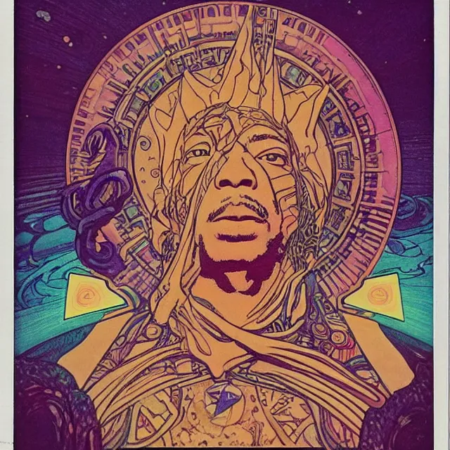 Image similar to polaroid of a vintage record cover by Franklin Booth showing a portrait of Jimi Hendrix as a futuristic space shaman, Alphonse Mucha background, psyadelic art, star map, smoke, sciFi