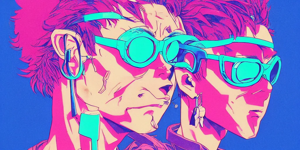Prompt: risograph grainy painting of running man anime - like hero protagonist face, matte colors, with huge earrings and glasses with a lot of details and lasers, covered with plants, by moebius and dirk dzimirsky and satisho kon, blue hour, close - up wide portrait