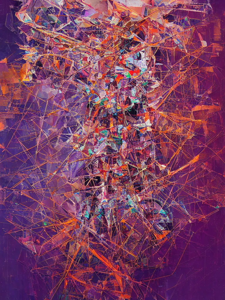 Prompt: a beautiful glitched abstract geometric painting by robert proch and robert heindel of an anatomy spinal structure study of the human nervous system on top of rectangle shapes, color bleeding, pixel sorting, copper oxide and rust materials, brushstrokes by jeremy mann, cold top lighting, pastel purple background