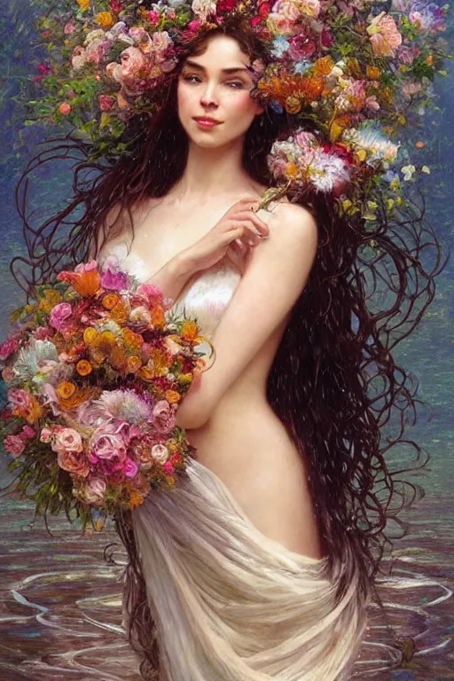 Image similar to portrait of a beautiful mysterious woman holding a bouquet of flowing flowers, wet dripping long hair, hands hidden under the bouquet, emerging from the water, fantasy, regal, intricate, by stanley artgerm lau, greg rutkowski, thomas kindkade, alphonse mucha, loish, norman rockwell