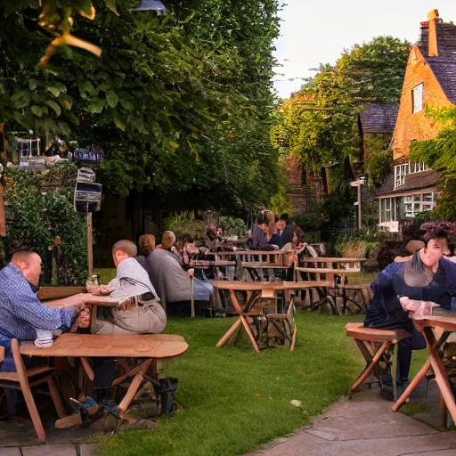 Image similar to an english pub garden at golden hour, people are drinking pints of lager and smoking cigarettes