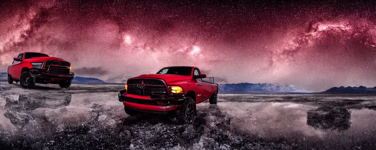 Prompt: dodge ram red power wagon speeding on wet salt flats at night, reflections, long exposure, milky way, Sayem Reza, poster