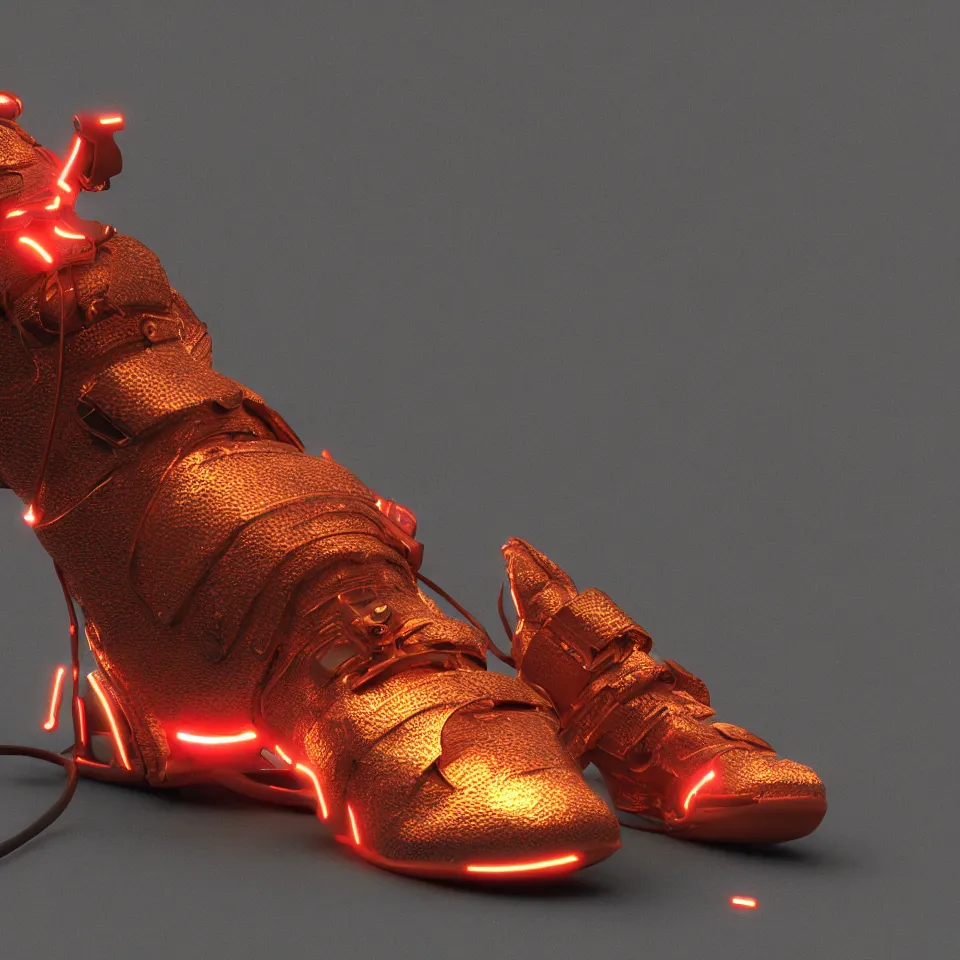 Prompt: realistic 8 k sculpture of 1 cyberpunk sneaker with neon illuminated rubber soles and soft orange shoelaces on a textured grey surface, clean 3 d render, beautiful studio lighting, soft, sharp focus, cyberpunk, intricate detail, gold and red accents, soft rubber, octane render, trending on artstation, deviantart, art by syd mead