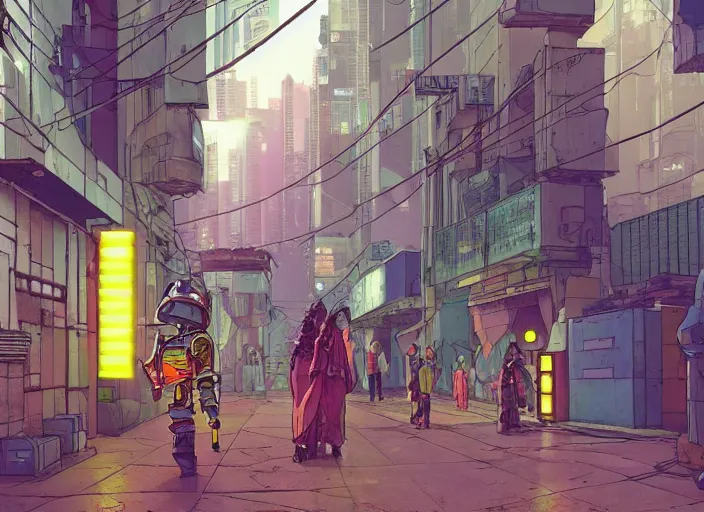 Image similar to a cyberpunk hong kong alley with robots and humans walking around by moebius, pixar color palette, clear details