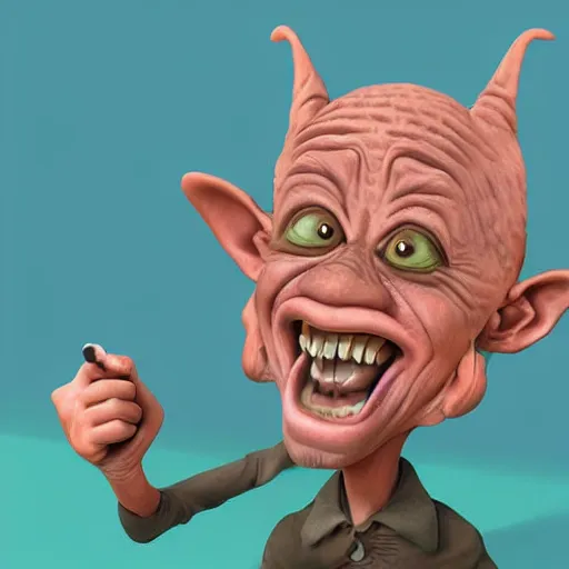 Image similar to hyperrealistic cartoon illustration of a goblin