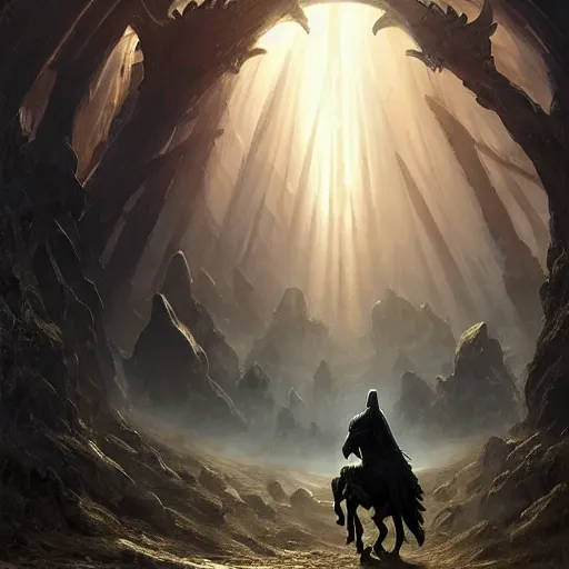 Image similar to ''cinematic shot'' a dark hooded mage on a horse riding to the battle leading his army of undead casper david friedrich raphael lacoste vladimir kush leis royo volumetric light effect broad light oil painting painting fantasy art style sci - fi art style realism artwork unreal engine