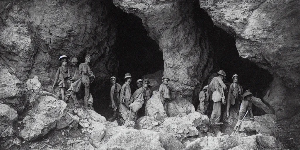 Image similar to explorers looking fearful as something emerges from a dark cave, 1 9 0 0 s photograph