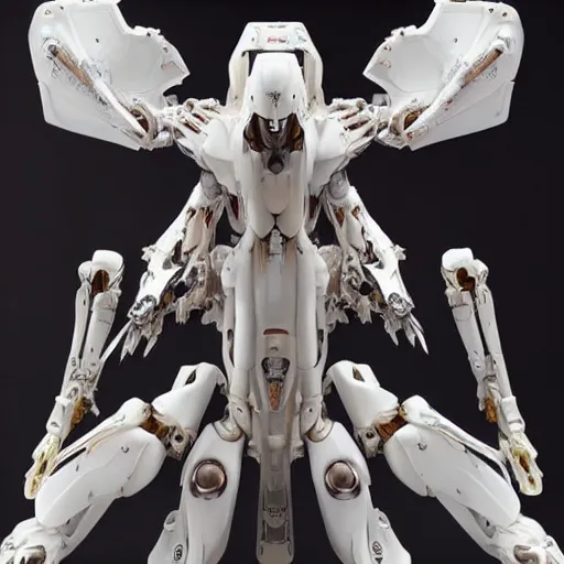 Image similar to futuristic papal mecha, ivory gundam, carved white marble mechanical exoskeleton wearing hardsurface armour, inlaid with gold, ivory rococo, wings lace wear, sculpted by spider zero, zaha hadid, trending on artstation, beautifully lit, hyper detailed, insane details, intricate