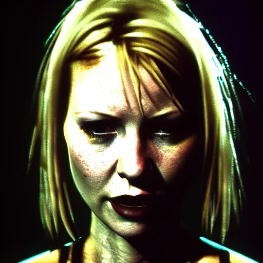 Image similar to close up portrait of heather mason in silent hill 3, on stage at heaven's night nightclub, 8 k, realistic,, richard avedon photography