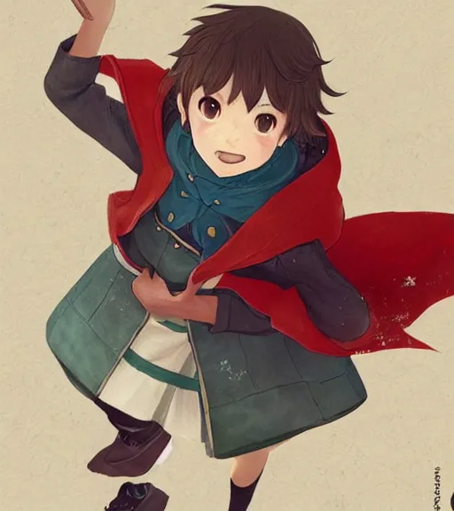 Image similar to attractive little boy character inspired in little red riding hood and venti from genshi impact, digital artwork made by akihiko yoshida and makoto shinkai