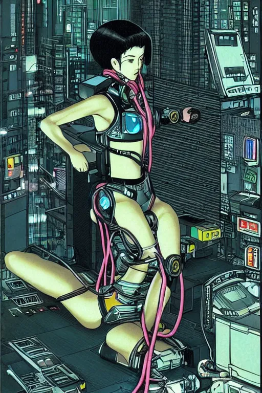 Prompt: a perfect cyberpunk illustration of a female android seated on the floor in a tech labor, seen from the side with her body open showing cables and wires coming out, by masamune shirow and katsuhiro otomo, japan, 1980s, dark, colorful