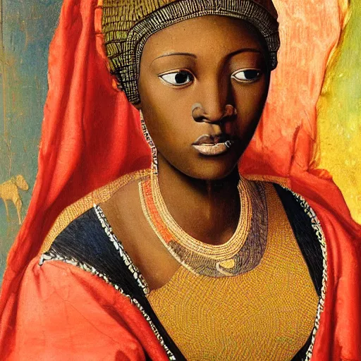 Prompt: A 14th century African renaissance oil painting, portrait, grainy, realistic, very realistic, hyperrealistic, highly detailed, very detailed, extremely detailed, very neat, very epic, very cool, detailed, trending on artstation made by Sam Gilliam and Edmonia Lewis