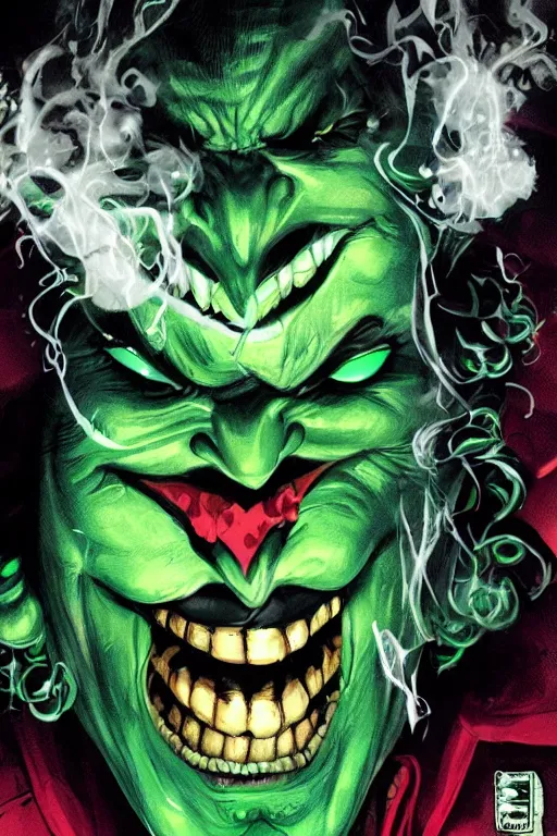 Prompt: angry joker, clenching teeth, with ghost smokes behind, green scary lights, illustration, jason fabok, jim lee, mark brooks, alex ross style, dark fantasy color scheme, cinematic, mysterious