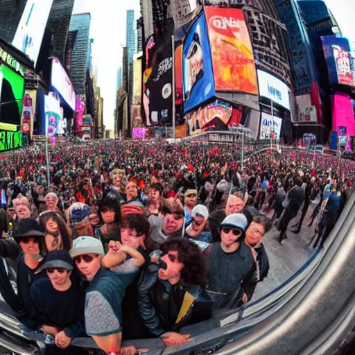 Image similar to award winning color photo, of all 3 Beastie boys, in New York times square, fisheye lens, detailed faces, 8k, balanced composition