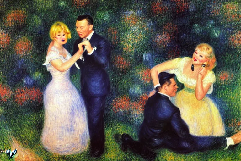 Image similar to frank sinatra and peggy lee singing at the hollywood bowl, by renoir and margaret keene and monet,