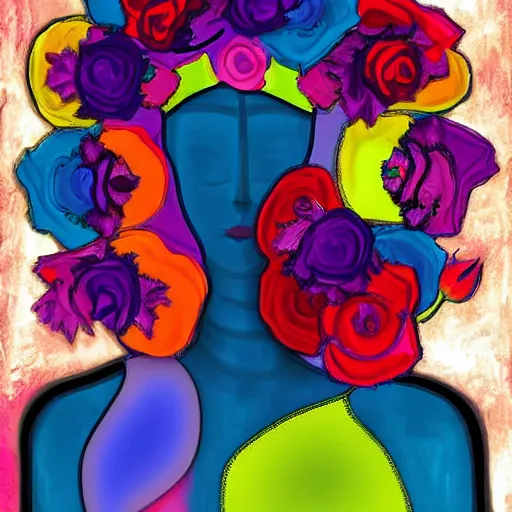 Prompt: a digital painting of a faceless woman wearing a crown made of mute color roses and a satin dress dada, surrealism, social realism, abstract expressionism, pop art, op art, minimalism