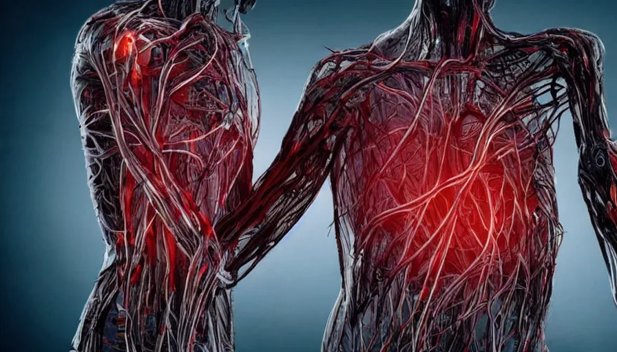 Image similar to big budget horror movie a cyborg fusing its vascular system with a human