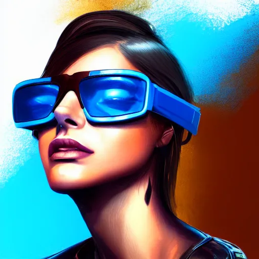 Prompt: closeup painting of a very beautiful young mexican cyberpunk woman smirking, wearing light blue shutter shades and a dark brown leather jacket, one side haircut, long brown hair with light blue ends, portrait, hyperdetailed, artstation, cgsociety, 8 k, synthwave by tangerine dream