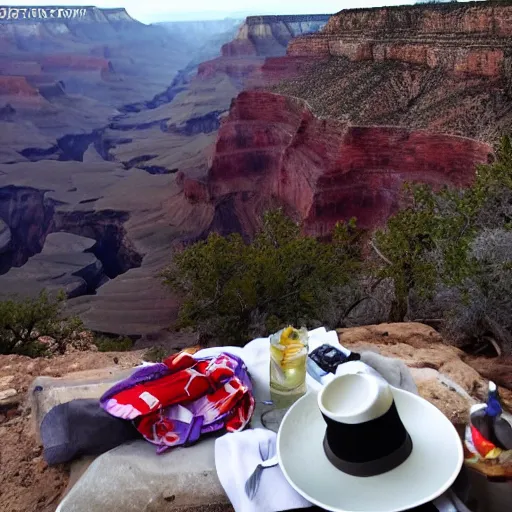 Prompt: im sitting at the bottom of the grand canyon having a picnic, photograph, 8 k, award winning