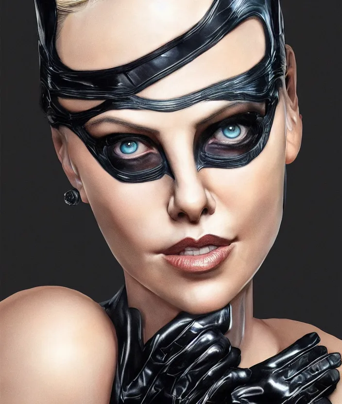 Prompt: portrait of charlize theron as catwoman. hd, 4 k. intricate artwork. by tooth wu, wlop, beeple, dan mumford. octane render, trending on artstation, greg rutkowski very coherent symmetrical artwork. cinematic, hyper realism, high detail, octane render, 8 k, iridescent accents.