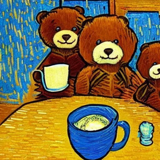 Prompt: teddy bears having a coffe break in a diner in the style of van gogh