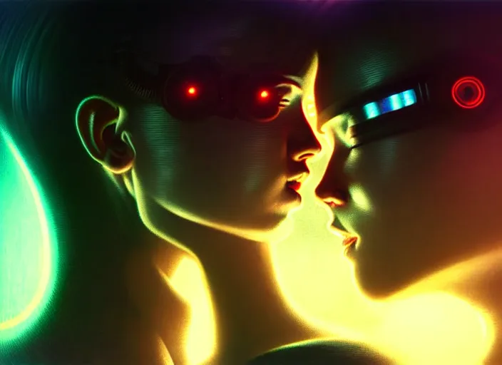 Image similar to ultra realistic photograpic medium shot of a couple of cyborgs kissing, lovers, cyberpunk, sci - fi, fantasy, kodak potra 4 0 0, colour led, soft light, volumetric lighting, night, intricate, highly detailed, digital painting, concept art, smooth, sharp focus, illustration, art by artgerm and greg rutkowski and alphonse mucha