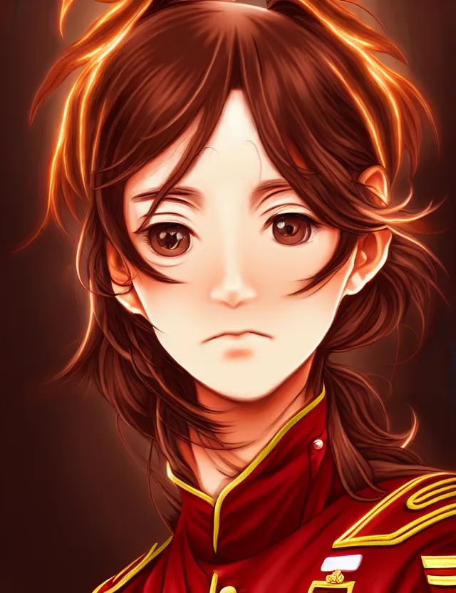 Image similar to a detailed manga portrait of a beautiful brown haired woman in a military uniform glowing with swirling red energy, trending on artstation, digital art, 4 k resolution, detailed, high quality, sharp focus, hq artwork, coherent, insane detail, character portrait