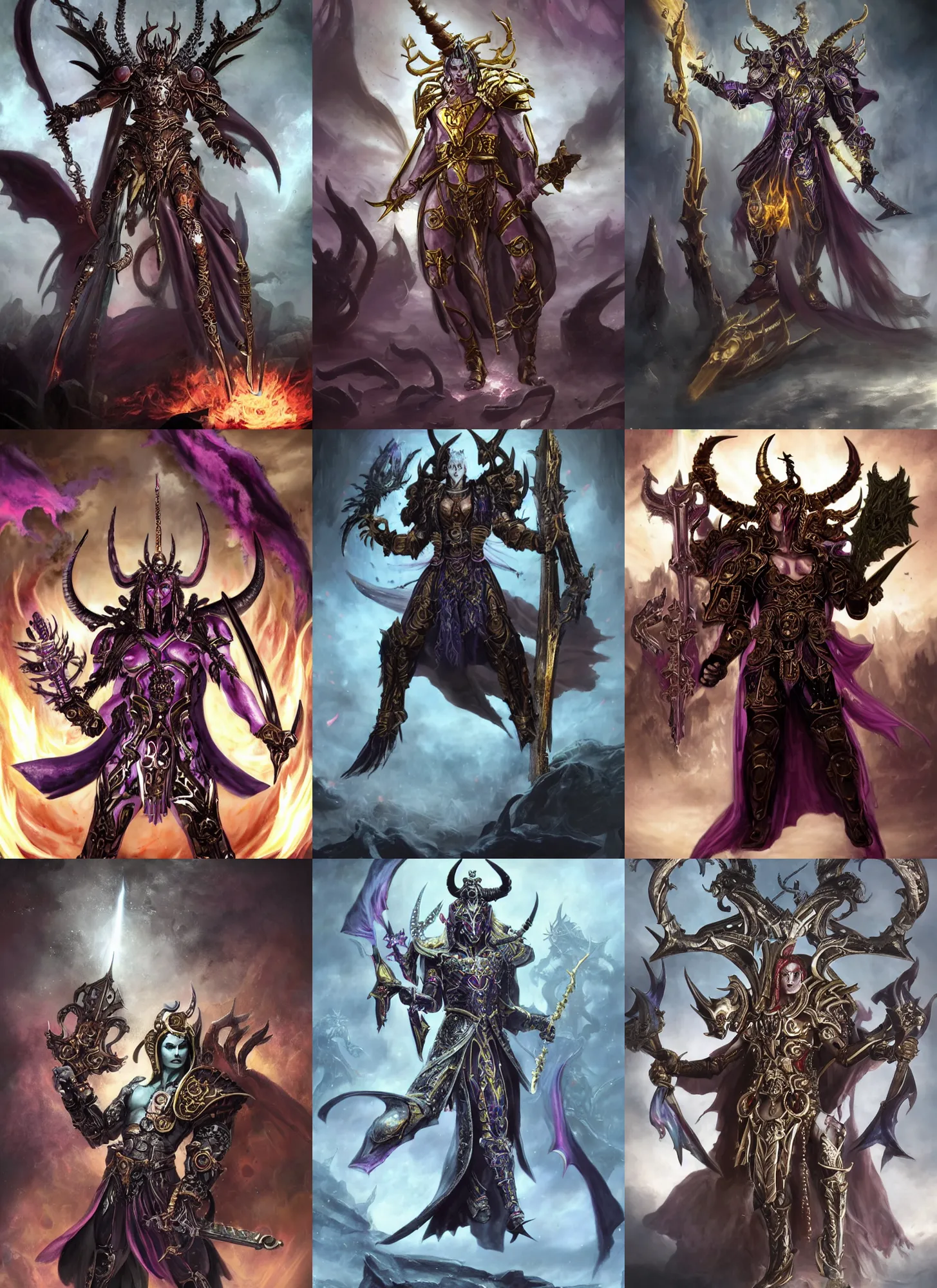 Prompt: ancient horned androgynous god of revenge inspired by Slaanesh and Sephiroth, androgynous demon lord aesthetics wearing golden armor adorned with precious gems, his eyes glare with iridescent fire of magical energy, epic full body portrait by Greg Rutkowski and Ross Tran and Dariusz Zawadski, eerie wh40k aesthetics by Zdislaw Beksinski, ultra detail, 4k, 8k, HDR, trending on ArtStation