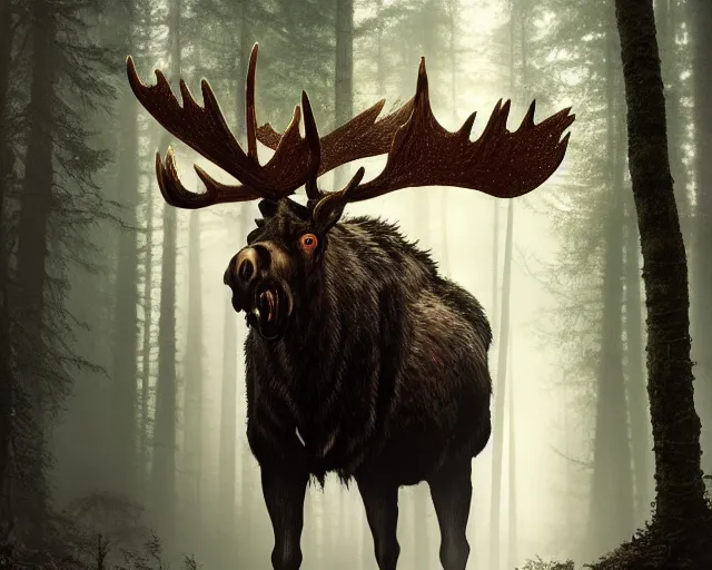 Image similar to 5 5 mm portrait photo of an armored demonic undead rotting moose with red eyes antlers and looking at the camera, in a magical forest. magical atmosphere. art by greg rutkowski and luis royo. highly detailed 8 k. intricate. lifelike. soft light. nikon d 8 5 0.