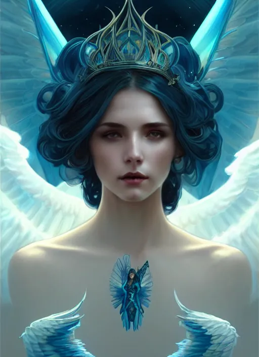 Image similar to a beautiful cinematic female archangel queen, fantasy sea landscape, fantasy magic, short aqua blue black fade hair, dark light night, intricate, elegant, sharp focus, illustration, highly detailed, digital painting, concept art, matte, art by WLOP and Artgerm and Greg Rutkowski and Alphonse Mucha, masterpiece