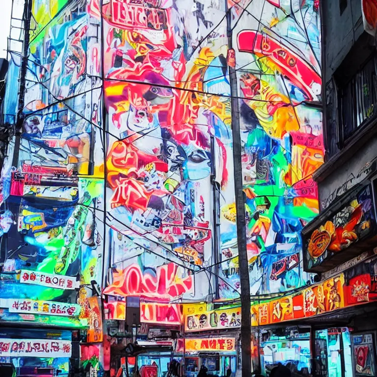 Prompt: Street-art painting on the wall in neon Tokio, photorealism