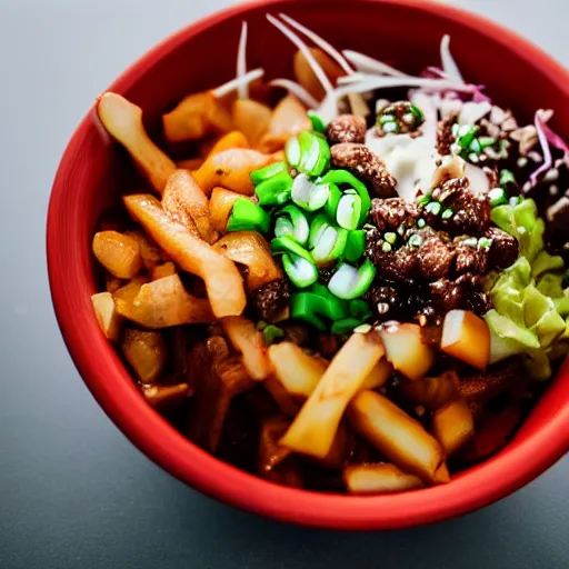 Prompt: poutine poke bowl, quebec speciality dish, restaurant menu photo, 4 k, super realistic food picture