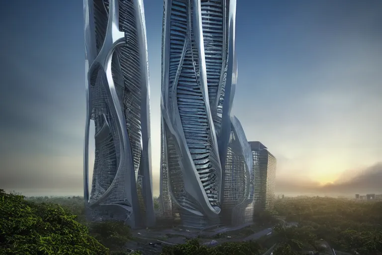 Prompt: a stunningly detailed skyscraper designed by Zaha Hadid, surrounded by lush green forest, stunning volumetric lighting, sunset, metal, concrete, glass, stunning skies, trending on Artstation, 8k, photorealistic, hyper detailed, unreal engine 5, Rhinoceros 3D, IMAX quality, cinematic, epic lighting, in the style of Greg Rutkowski