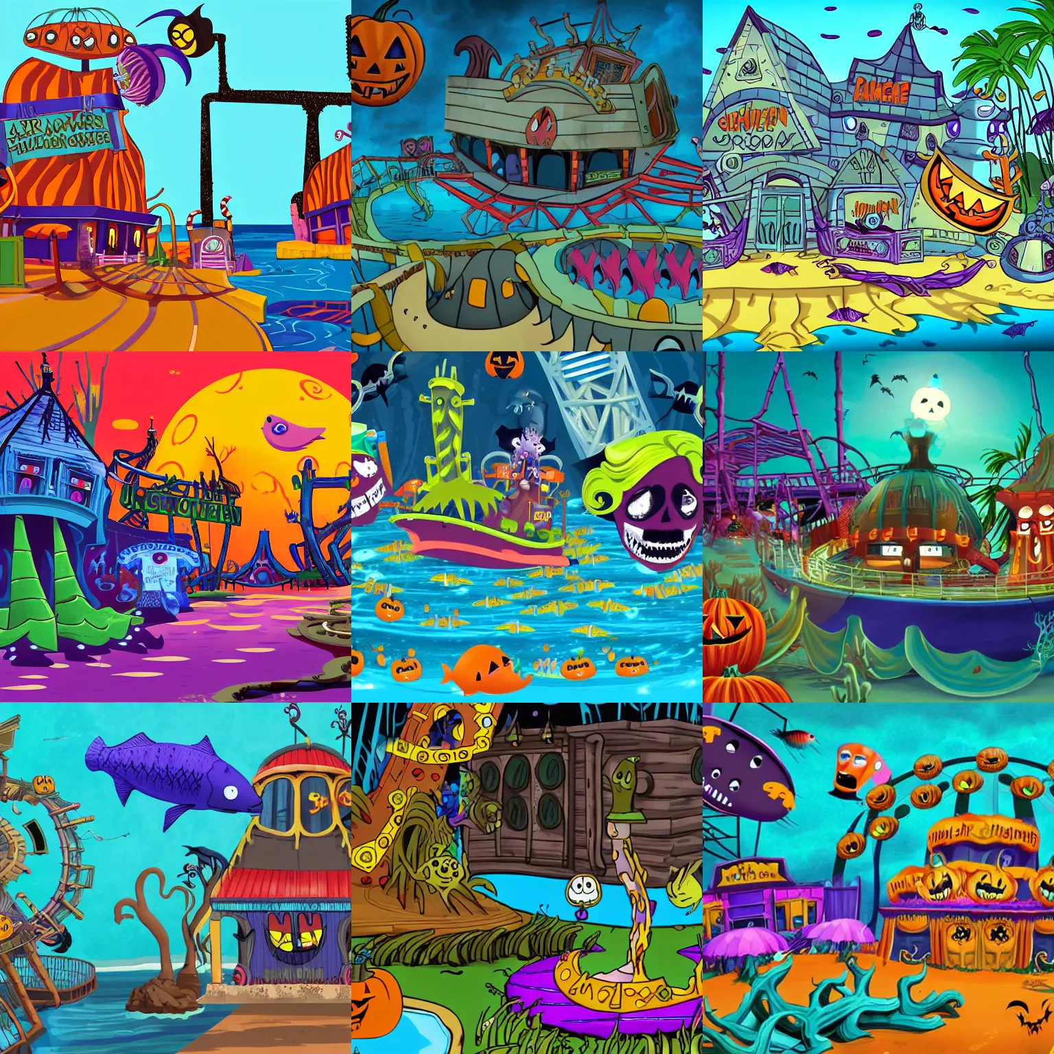 Prompt: screenshot for a cartoon that takes place on a horror based suburban underwater amusement park that incorporates darker halloween and ocean elements in its design imagery and features wacky housing, halloween decorations, atlantis, shipwrecks, spooky, amusement park attractions, deep sea, horror themed, fun, in the style of genndy tartakovsky