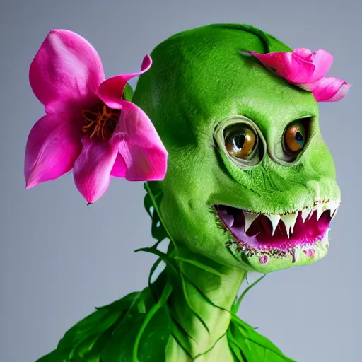 Image similar to studio photograph of a thin green vine creature with vine limbs and a pink blooming flower mouth with many sharp teeth