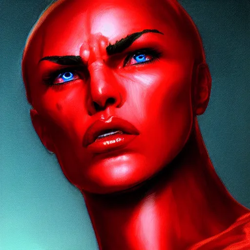 Prompt: Bright, bloodred-colorful, realistic Cyber-roman rpg single individual headshot dramatic backlighting, kodachrome, high contrast, highly detailed, sharp focus, digital painting, concept art, illustration, trending on artstation, comic book by Alex Ross cover art