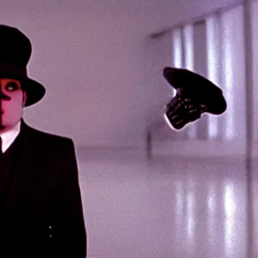 Prompt: a film still of a man wearing a black suit with a black bowler hat holding a cane with a robotic face in Lost Highway(1997)