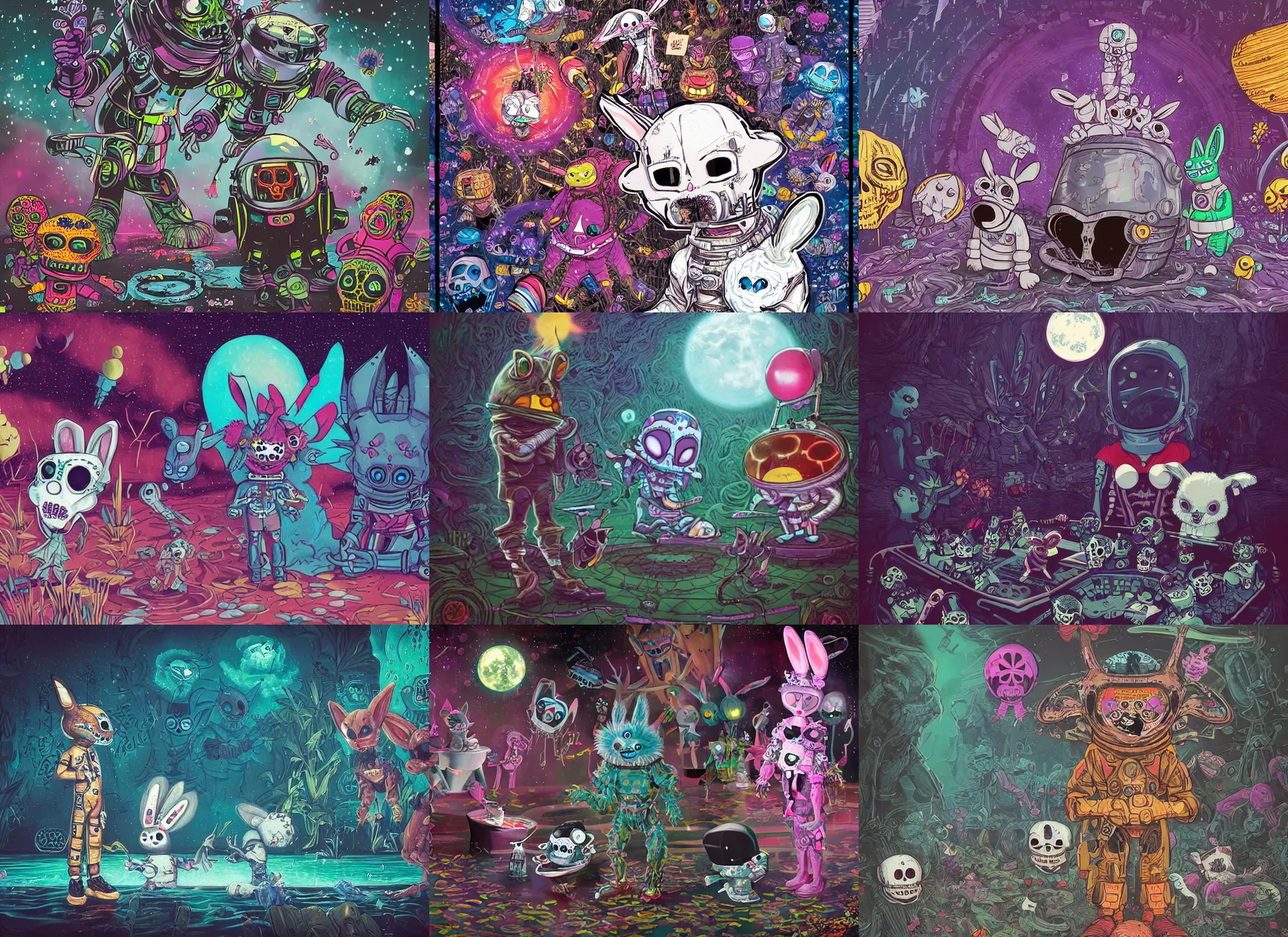 Prompt: an evil alien astronaut, stalks a cute fluffy dia de los muertos bunny and his friend the cunning coyote that gleefully dance in a pool of water. dark dance photography, intricate detailed 8 k environment, james jean, nisachar art, mateo dineen, alessandro bavari high times magazine aesthetic