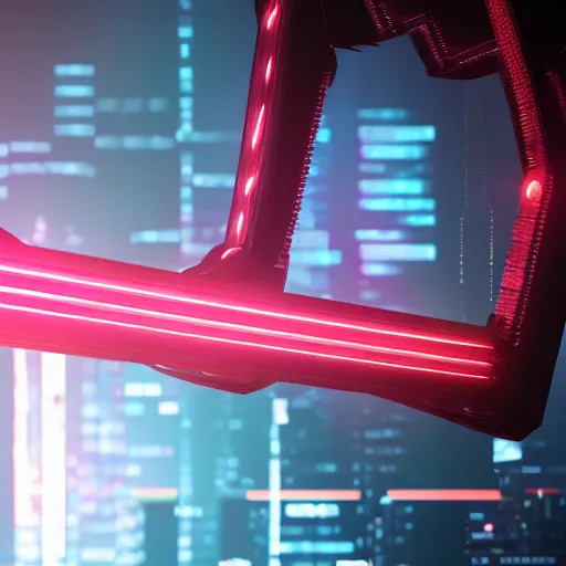 Image similar to cyberpunk red neon arm prostetic on an iron table, octane render, 3D, hard backlight, bokeh, !!!award-winning!!!